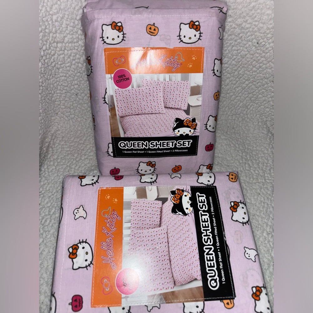 Hello Kitty 100% Cotton Purple Lilac Halloween Pumpkin Queen Sheet Set BRANDNEW